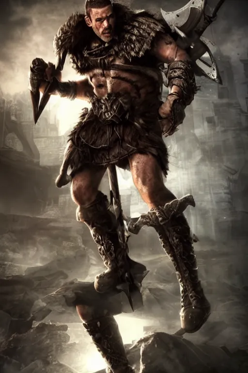 Prompt: Travis Willingham is a Goliath Barbarian, wielding a battleaxe, realistic cinematic shot, , subtle fog and mood lighting