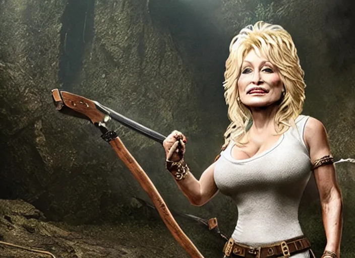 Image similar to film still of!!!! dolly parton!!! as lara croft in new tomb raider movie, 8 k