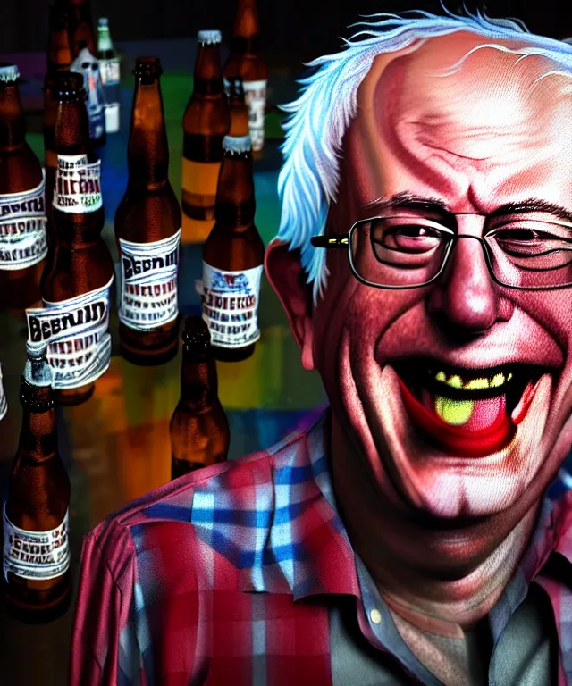 Image similar to hyperrealistic mixed media painting of Bernie Sanders as a laughing drunk, tattered plaid shirt, dimly lit dive bar, scattered empty beer bottles, stunning 3d render inspired art by P. Craig Russell and Barry Windsor-Smith + perfect facial symmetry + dim volumetric lighting, 8k octane beautifully detailed render, post-processing, extremely hyperdetailed, intricate, epic composition, grim yet sparkling atmosphere, cinematic lighting + masterpiece, trending on artstation, very very detailed, masterpiece, stunning