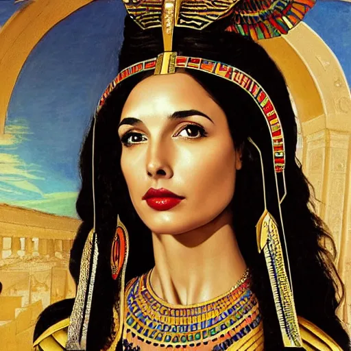 Image similar to Full body oil painting of the beautiful goddess Gal Gadot as Cleopatra, she is wearing egyptian clothes and a surreal jewelry, her hair is natural disheveled, she is approaching heaven over the clouds, Anubis is close to her, naturalism, dramatic lighting, high-detailed oil painting by Ilya Repin, Michelangelo da Caravaggio, William Blake, Alex Grey and Beksinski, trending on Artsation, hystorical painting, naturalism, masterpiece, 4k, 8k,