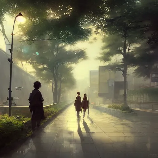 Image similar to walking from naka - meguro, tokyo. volumetric lighting, spring afternoon, overcast weather, realistic illustration, perfectly shaded, soft painting, art by krenz cushart and wenjun lin