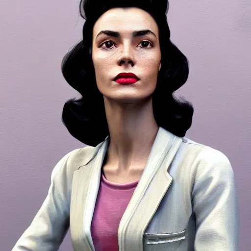 Image similar to A videogame portrait of a Spanish young woman in her 40's with high cheekbones. Good bone structure. Dressed in 1940s style. Highly detailed, fine Art, high detail, great lighting, 8k resolution, masterpiece, concept art, illustration, clear eyes, painting oil on canvas, octane render, HDR, trending on artstation, 4k, 8k, HD