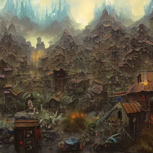 Image similar to an epic hyperdetailed 3 d matte painting of a wiccan shantytown in the victorian village surrounded by colossal biomorphic hallucinogenic demonic eldritch beings by peter mohrbacher by gerald brom by yoji shinkawa by richard michael gorman powers