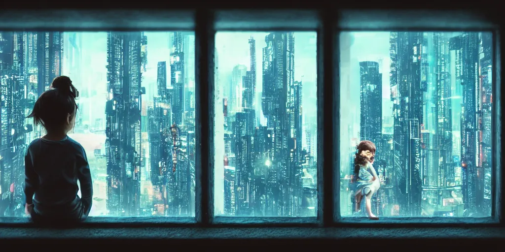 Image similar to overlooking on night city cyberpunk from floor to ceiling window, little girl, beautiful hair at the back, looking out the window, liminal, cinematic, dreamscape