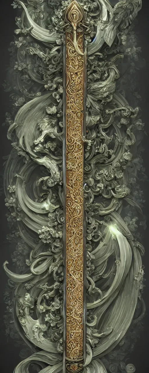 Image similar to beautiful fantasy giant sword carved with decorative ornament, acanthus scrolls, lilies, ivy, energy, geometry, bones, petals, stems, ceremonial clouds, dripping paint, fibonacci rhythm, artstation, artgerm, wlop, symmetric ornaments