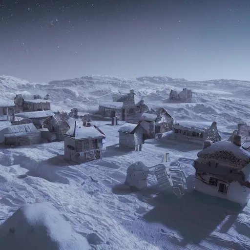 Prompt: a snowy village on the moon, 8 k, highly detailed, unreal engine render