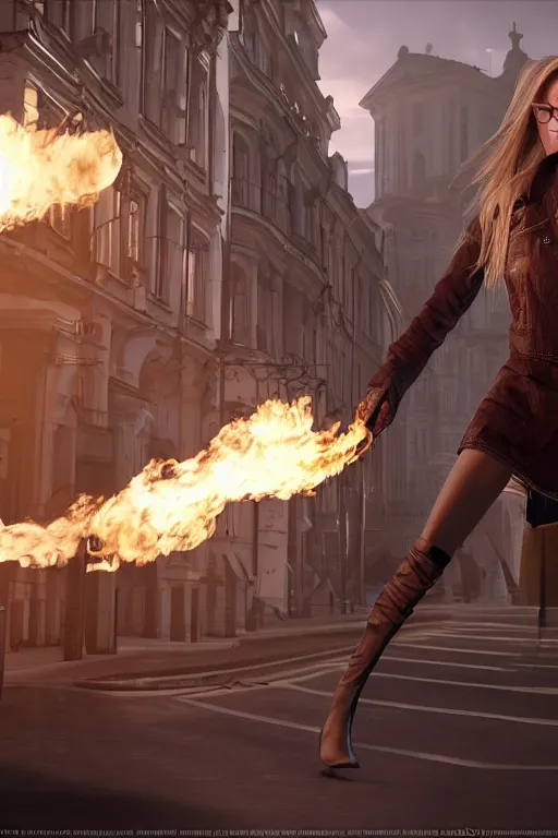 Image similar to in the foreground a street of Saint Petersburg, in the background a magnificent blond woman spitting flames with her hands wearing a long jacket like a matrix, realistic, high definition, many details, dramatic scene, detailed and realistic hands, symmetrical face, realistic eyes, art of unreal engine 5