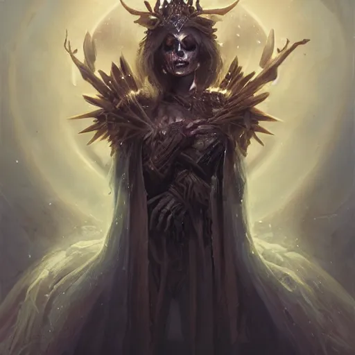 Image similar to a beautiful portrait of an ancient elderly necromancer queen, embers, skeletal, by Greg Rutkowski and Raymond Swanland, Trending on Artstation, ultra realistic digital art