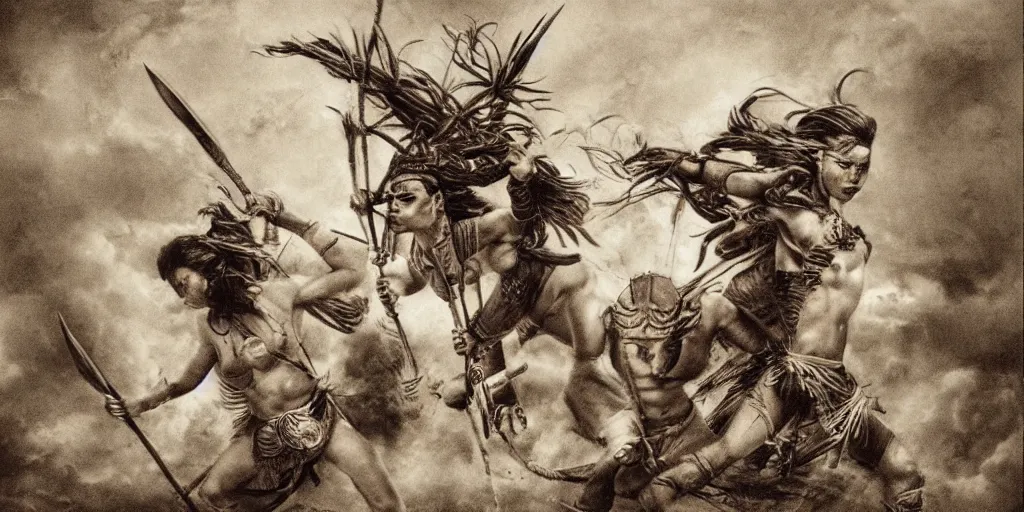 Image similar to movie scene, powerful beautiful aztec and Amazonian warrior females fight, bow, flying arrows, spear, epic camera, vintage, Boris vallejo, sepia, apocalypto