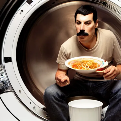 Image similar to Photo of Freddie Mercury eating ramen inside a washing machine, highly-detailed 4K award-winning