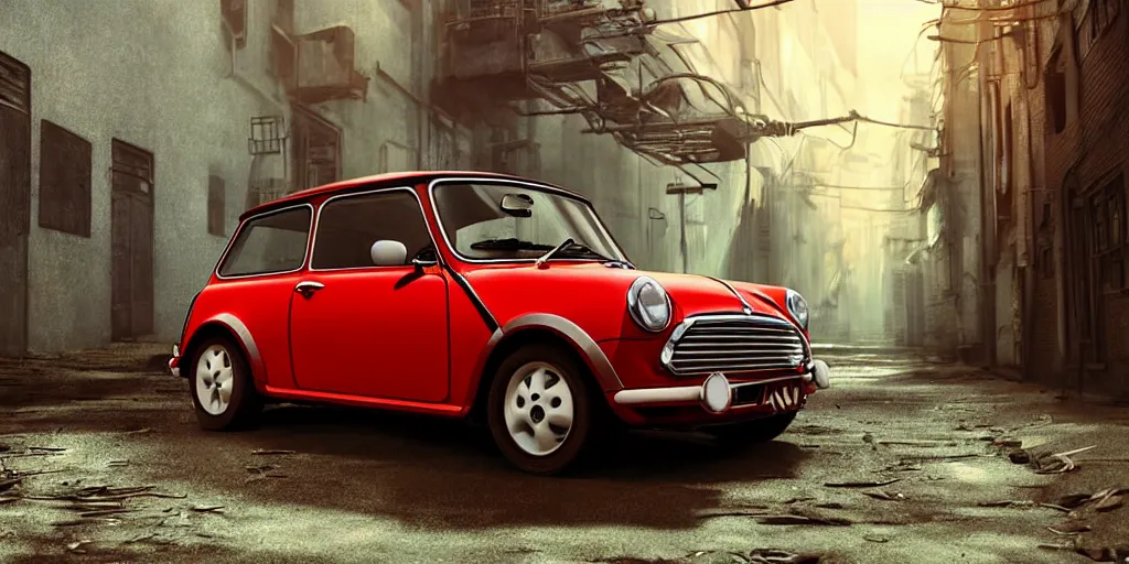 Image similar to a wholesome animation key shot of a focused old Red Mini Cooper car parked in an abandoned alleyway, medium shot, waist up, studio Ghibli, Pixar and Disney animation, sharp, very detailed, high resolution, Rendered in Unreal Engine 5, anime key art by Greg Rutkowski, Bloom, dramatic lighting