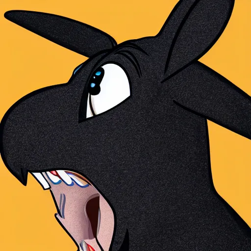 Image similar to A extremely highly detailed majestic hi-res beautiful, highly detailed head and shoulders portrait of a scary terrifying, horrifying, creepy black cartoon rabbit evil laughing standing up wearing pants and a shirt in the style of Walt Disney