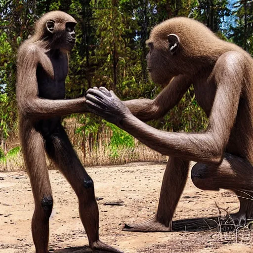 Image similar to Australopithecus meeting modern scientist, field researcher, proto-human meeting modern human, 2022 photograph, award-winning photo