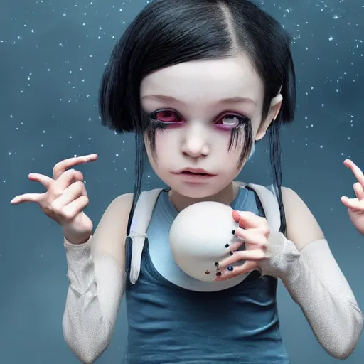 Image similar to a little alien girl with big sad black eyes and dark hair holds a doll in her hands, bangs cover half of her face, sci - fi, 3 d, mysterious atmosphere, photorealistic, ultra - details