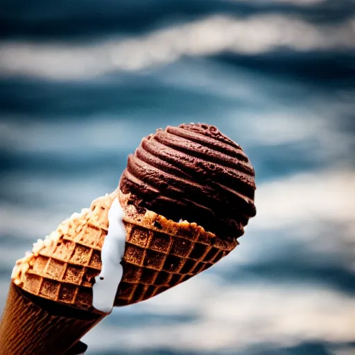 Prompt: a detailed photograph of a levitating chocolate-bacon swirl ice cream cone hovering over the ocean
