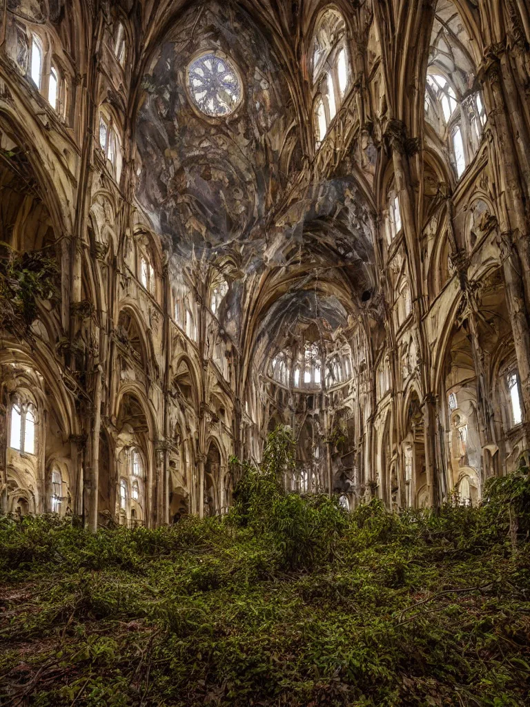 Image similar to Wide angle photograph of the inside of an abandoned cathedral, with a broken roof and overgrown with vines and bushes, cinematic lighting, epic scene, dramatic lighting, evening light, sunset, golden hour, fuji velvia, Flickr, national geographic, taken by Daniel Kordan