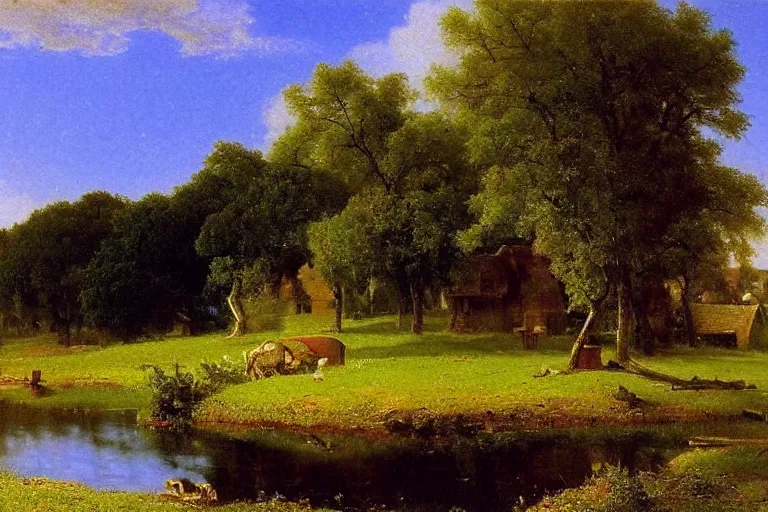 Image similar to peaceful village landscape, art by albert bierstadt