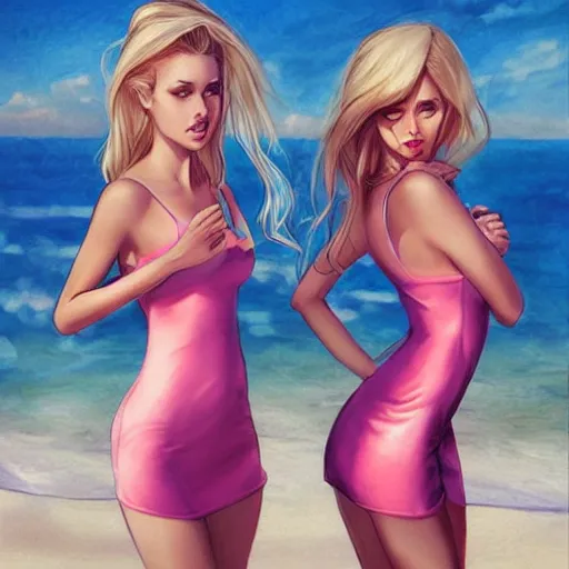Image similar to two beautiful princesses in skintight satin minidresses on the beach drawn by artgerm and charlie bowater