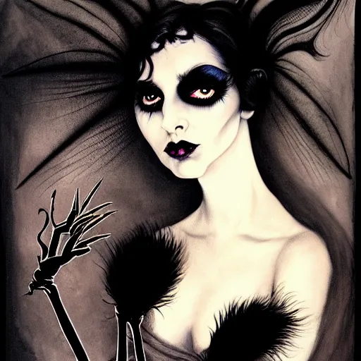 Prompt: portrait soft light, goth woman as mysterious supervillain and and black veil and modestly clothed victorian goth, black feathers instead of hair, black wings instead of arms, gray mottled skin, black feathers growing out of skin, transforming, by tim burton and brian froud, german expressionist, paintbrush, rough paper, fine,