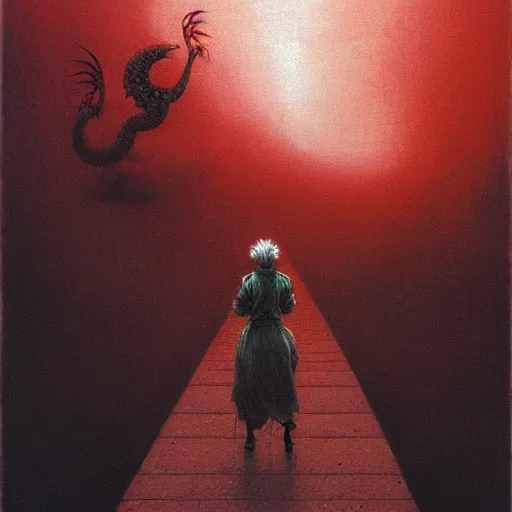 Prompt: grandmother from anime is walking on the pavement and is attacked by big red dragon, big red wings, before the storm, distant lightings in the clouds, beksinski style