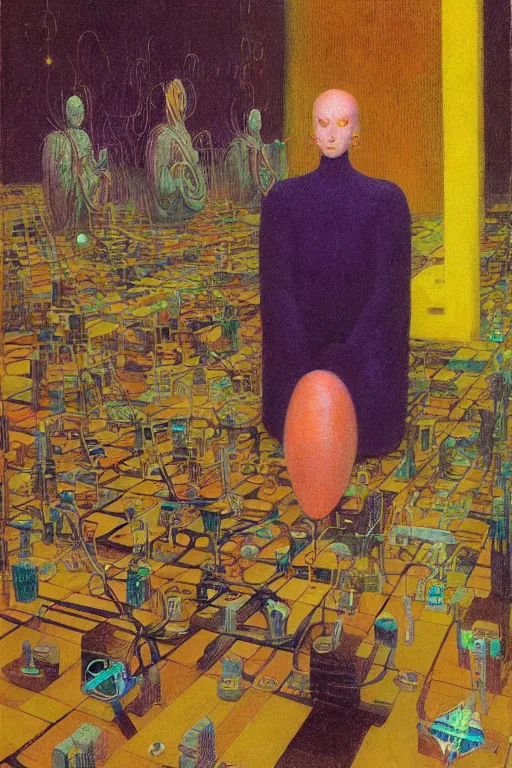 Image similar to realistic portrait of an engineer woman programming the samsara holy cluster, fine portrait, concept art, stunning, visionary, by brecht evens, by jean delville, by francis bacon