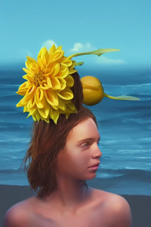 Image similar to closeup girl with huge yellow dahlia flower as a head, on beach, surreal photography, blue sky, sunrise, dramatic light, impressionist painting, digital painting, artstation, simon stalenhag