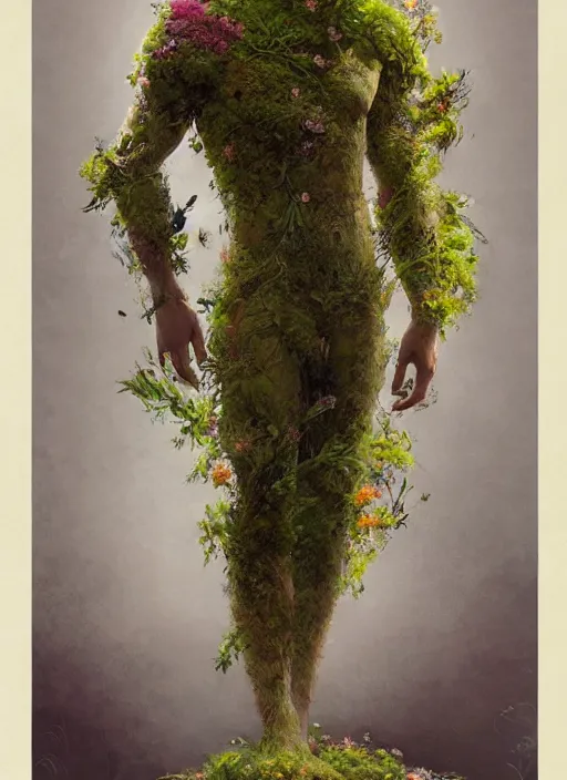 Prompt: a man made of moss and flowers, full body view, beautiful high quality realistic fantasy art, trending on artstation by artgerm and greg rutkowski and alphonse mucha