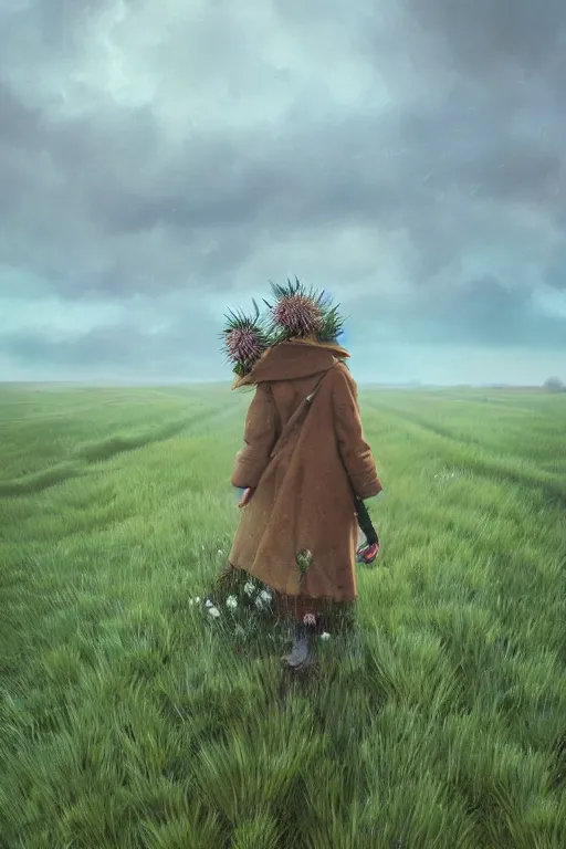 Prompt: closeup, enormous thistle flower head, girl wearing a coat in field, surreal photography, wind, cloudy sky, dramatic light, impressionist painting, digital painting, artstation, simon stalenhag