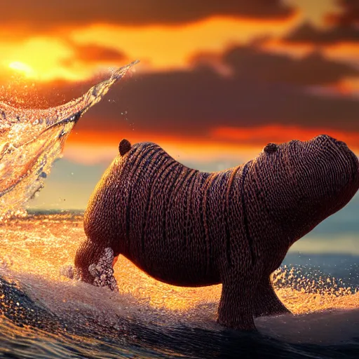 Image similar to a closeup photorealistic photograph of a cute smiling knitted tiger hippopotamus riding a wave at sunset. surf in background. professional capture. brightly lit scene. this 4 k hd image is trending on artstation, featured on behance, well - rendered, extra crisp, features intricate detail, epic composition and the style of unreal engine.