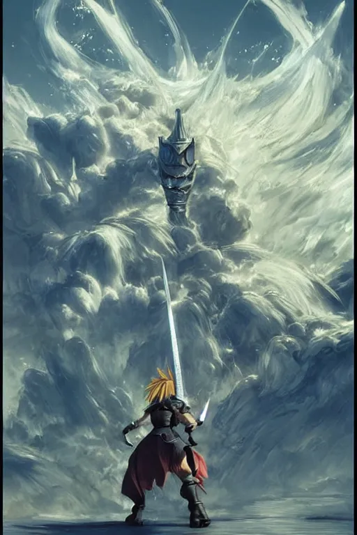 Prompt: Final Fantasy 7’s Cloud with a sword, concept art, by James Gurney and Jean Moebius Giraud, artstation.