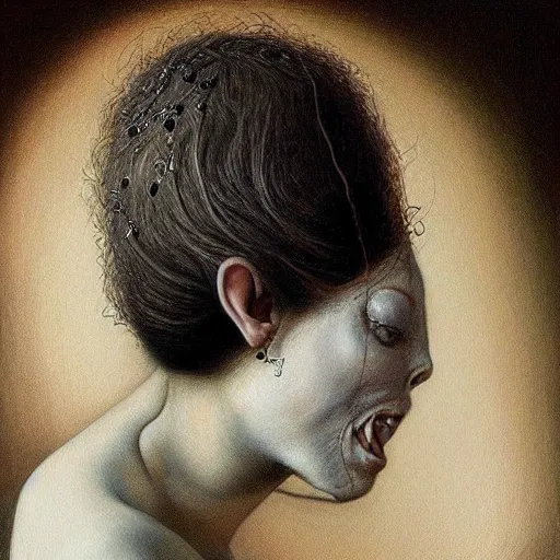 Image similar to a hyperrealistic painting of a beautiful woman morphing into a fly, by santiago caruso, highly detailed,