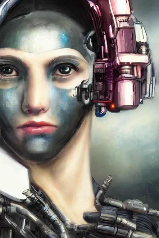 Prompt: a close - up portrait of a cyberpunk cyborg girl, by raphael, rule of thirds