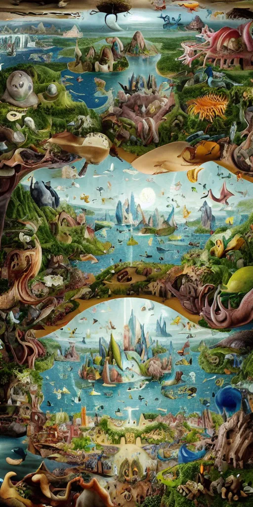 Prompt: a beautiful and insanely detailed matte painting of a giant world-turtle designed by Heironymous Bosch, mega structures inspired by Heironymous Bosch's Garden of Earthly Delights, creatures of the air and sea inspired by Heironymous Bosch's Garden of Earthly Delights, ships in the harbor inspired by Heironymous Bosch's Garden of Earthly Delights, vast surreal landscape and horizon by Jim Burns, rich pastel color palette, masterpiece!!, grand!, imaginative!!!, whimsical!!, epic scale, intricate details, sense of awe, elite, fantasy realism, complex layered composition!!