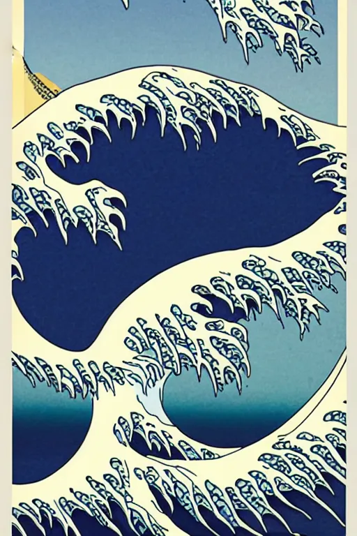 Image similar to Patrick Nagel Poster of The Great Wave off Kanagawa, White Moon in the background, Mount Fuji, box art