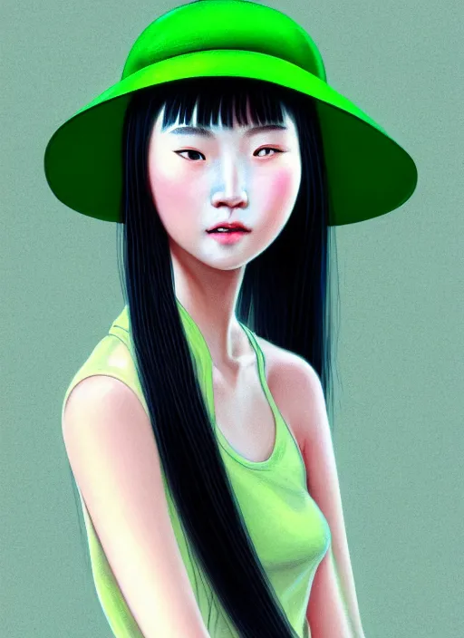 Image similar to portrait of a chinese girl with matte green hair, pixie long straight hair, wearing a light green hat, baseball cap, sophisticated, elegant, glowing lights, highly detailed, digital painting, art stand, concept art, smooth, clear focus, illustration, artwork by wlop, mars ravelo and greg rutkowski