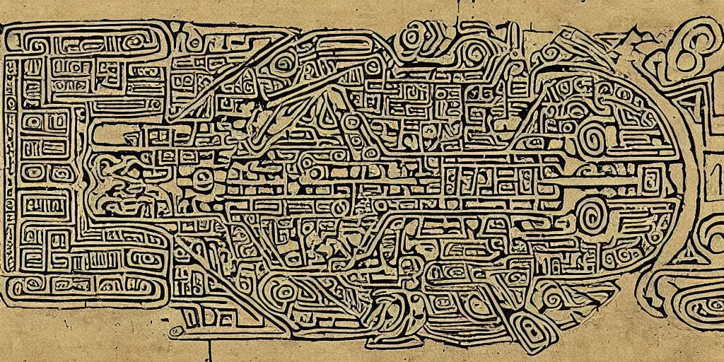 Image similar to mayan hieroglyph blueprints to a spaceship