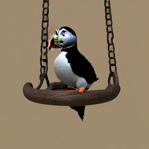 Image similar to puffin in a swing, concept art, cgsociety, octane render, trending on artstation, artstationHD, artstationHQ, unreal engine, 4k, 8k --height 768