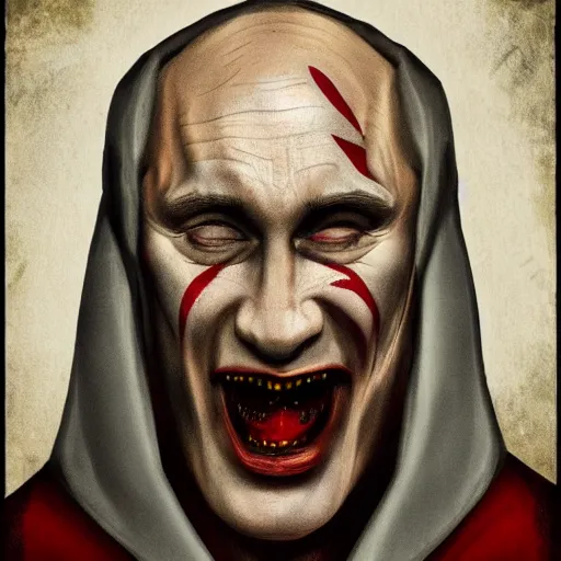 Image similar to vladimir putin is jester in circus, in lunatic asylum, intricate, highly detailed, smooth, artstation, heretic, medieval with hunt