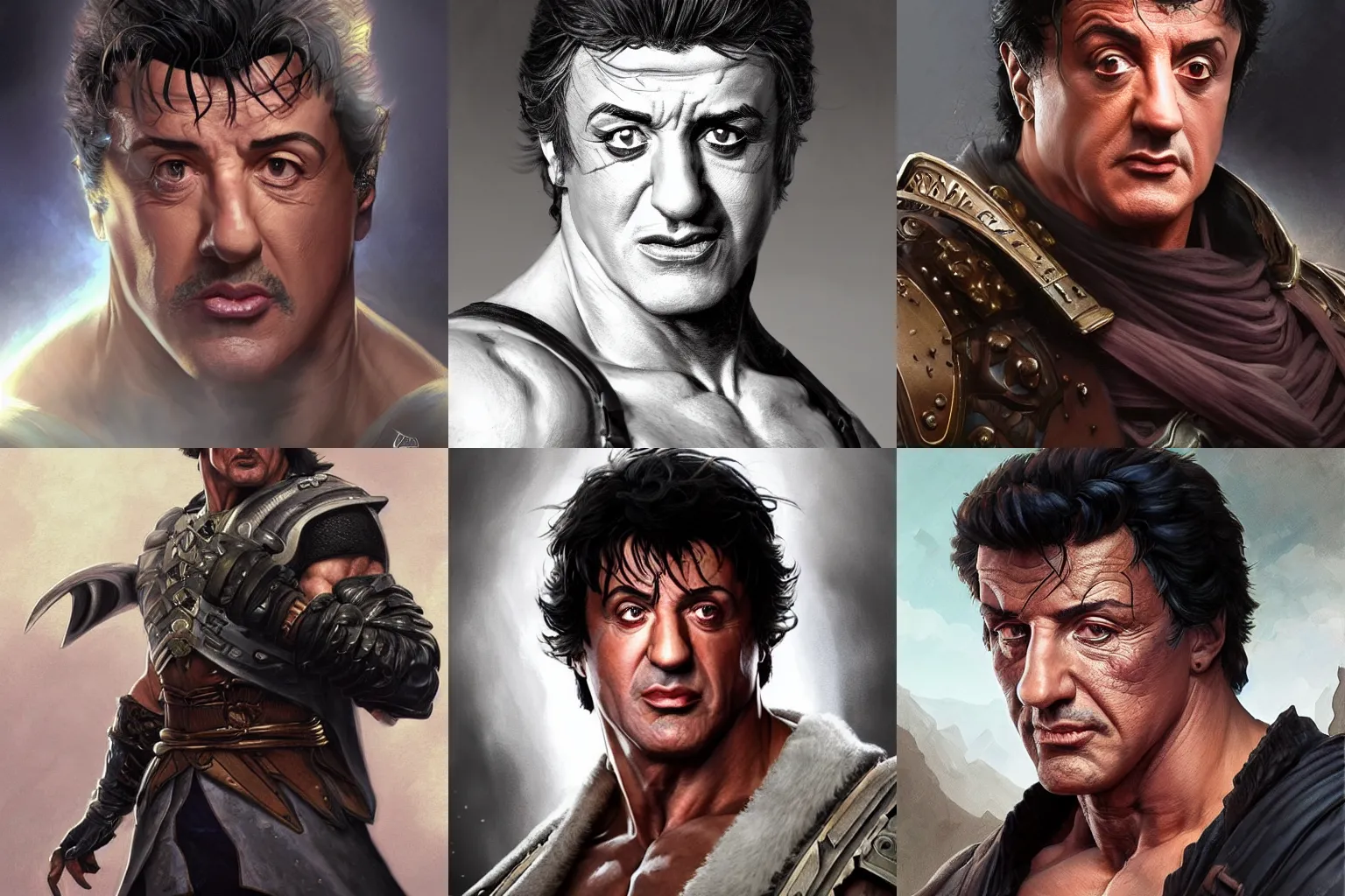 Prompt: Sylvester Stallone D&D character, highly detailed, digital fantasy character, painted portrait, artstation, concept art, hard focus, illustrations, works by Artgerm and Greg Rutkowski, Alphonse Mucha and Craig Mullins, James Jean, Andrey Ryabovichev, Mark Simonetti and Peter Morbacher, 16k,