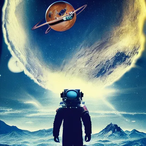 Image similar to a movie poster with an astronaut standing in front of a mountain, a poster by Niels Lergaard, reddit contest winner, incoherents, imax, movie poster, criterion collection