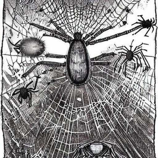 Image similar to “what if everything was spiders, style of Edward Gorey”