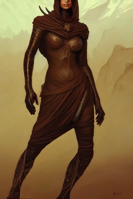 Image similar to a beautiful exotic female fremen, in a still suit on dune, dark fantasy, intricate, elegant, highly detailed, digital painting, artstation, concept art, matte, sharp focus, illustration, art by artgerm and alphonse mucha