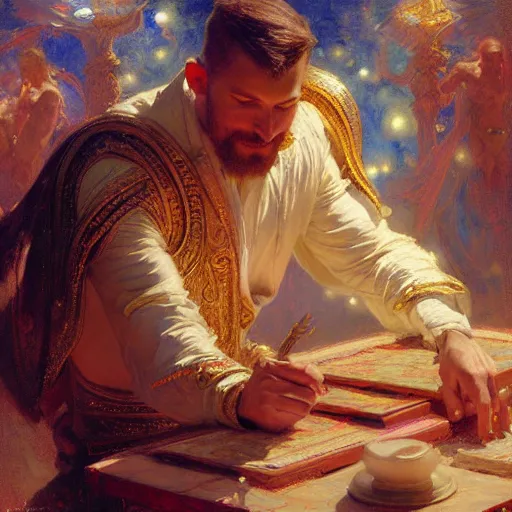 Prompt: stunning male god making akashic records, highly detailed painting by gaston bussiere, craig mullins, j. c. leyendecker, 8 k