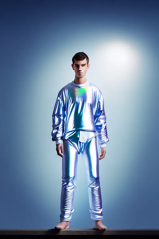 Image similar to un ultra high definition studio quality photographic art portrait of a young man standing on the rooftop of a british apartment building wearing soft baggy inflatable padded silver iridescent pearlescent clothing. three point light. extremely detailed. golden ratio, ray tracing, volumetric light, shallow depth of field. set dressed.