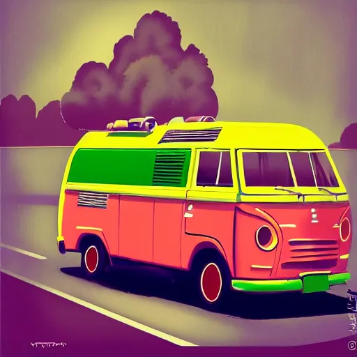 Image similar to retro painting illustration of a volswagen van, 2 d, pastel color, green, yellow, red, retro style art, trendy on artstation