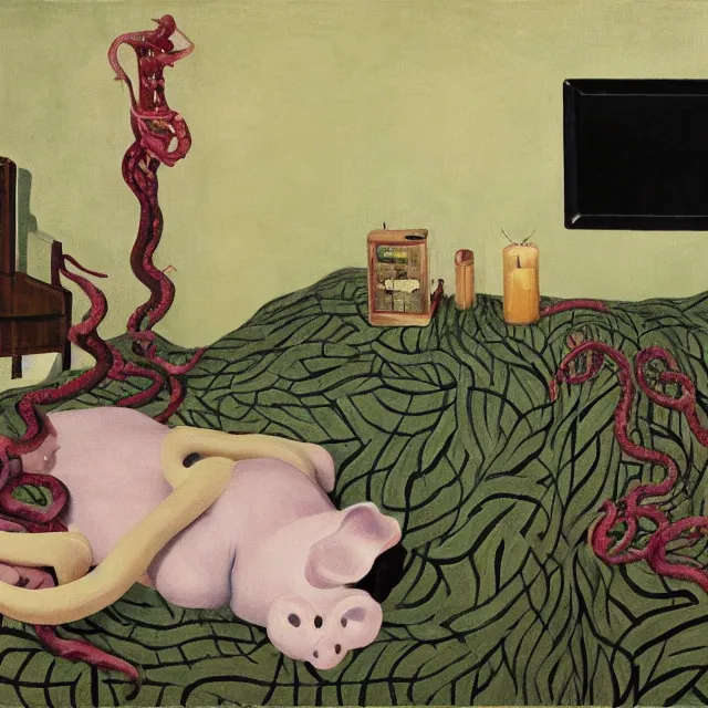 Prompt: a female pathology student in her apartment, wrapped in vines, medical equipment, candles, octopus, first aid kit, pig, black walls, ikebana, black armchair, sculpture, acrylic on canvas, surrealist, by magritte and monet