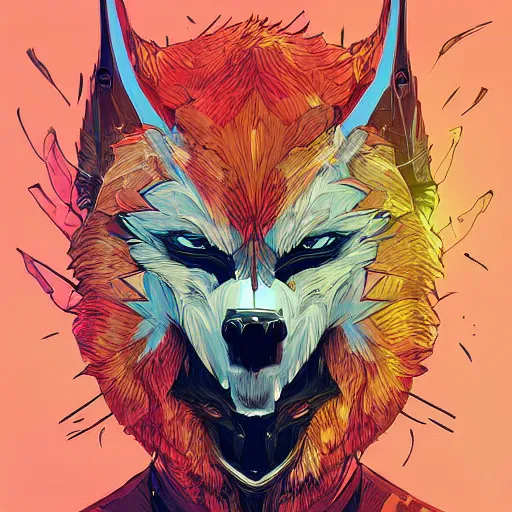 Prompt: portrait of a anthropomorphic evil werewolf robot with human characteristics, digital art, epic composition, fantasy, explosion of color, highly detailed, in the style of jake parker, in the style of conrad roset, swirly vibrant colors, sharp focus