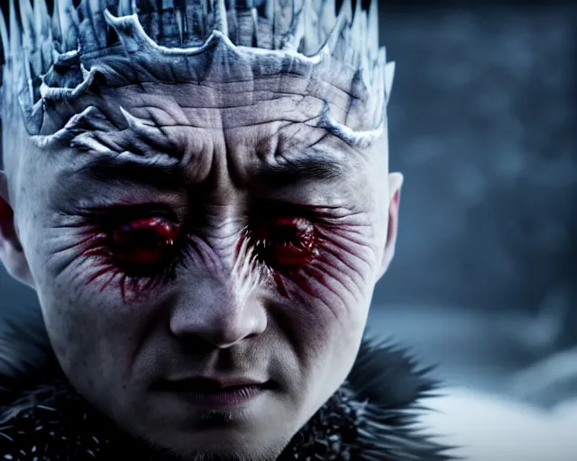 Image similar to justin sun crying as night king in game of thrones, extreme close - up of head encased in clear ice ball, crimson - black bee army behind, 4 k, epic, cinematic, focus, movie still, fantasy, extreme detail, atmospheric, dark colour, sharp focus