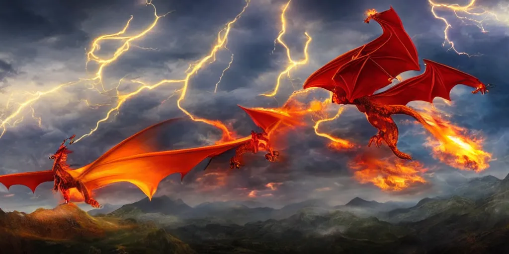 Prompt: a powerful flying fire Dragon spitting fire fighting against a strong Wizard which spells lightning strikes in the foreground, big Mountains and wide forrests are in the Background, stormy weather at night ,cinematic Style, hyperrealistic