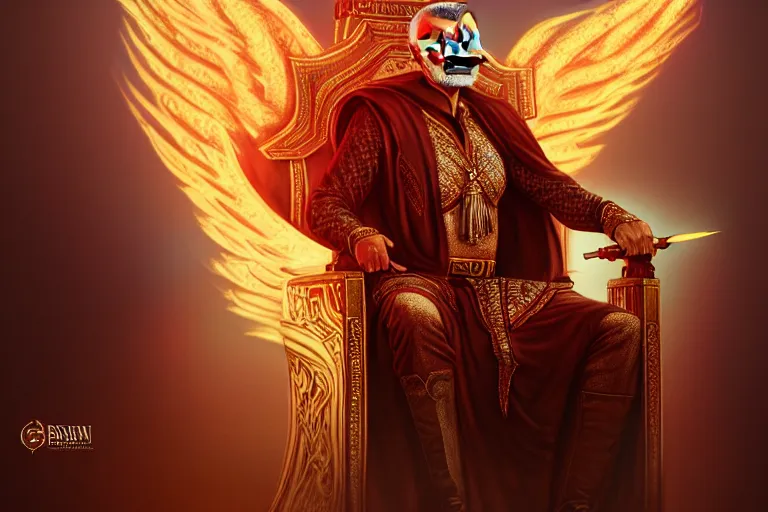 Prompt: arabian hasan - i sabbah old man on throne chair rising as a phenix + face of burt reynolds + epic wide scene, cinematic lighting, artgerm, artstation, deviantart, 8 k, high detailed